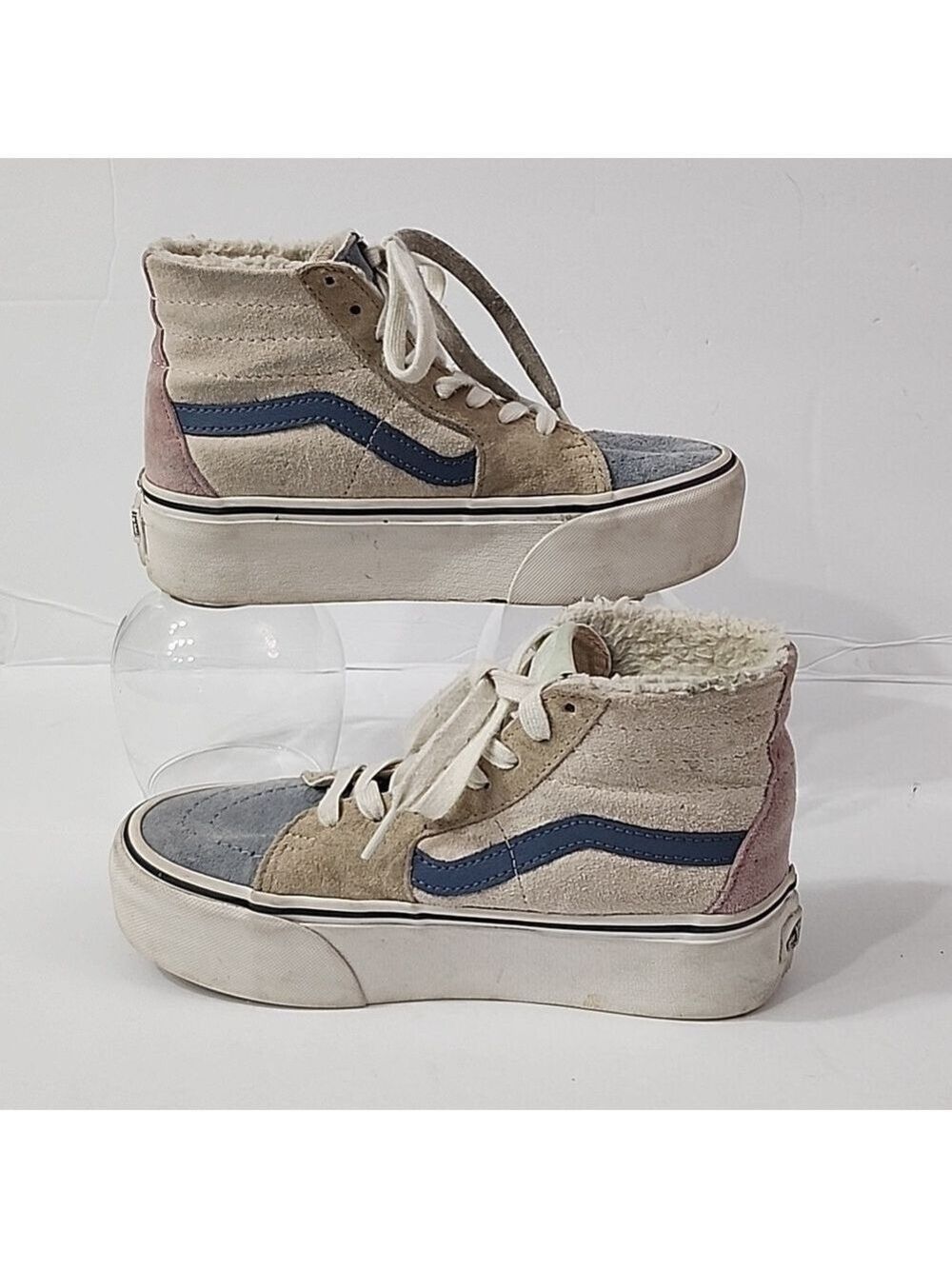 VANS SK8 HI Womens Size 5 Tan, Blue, PIG Suede , Sherpa lined Stackform